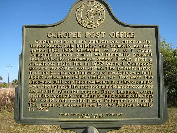 Historic marker for Ochopee Post Office, smallest post office in the US