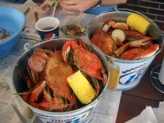 Bucket of blue crabs at Peace River Seafood in Punta Gorda