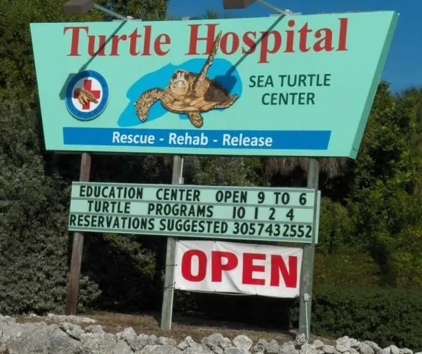Sign beckons to the Turtle Hospital, Marathon, Florida.