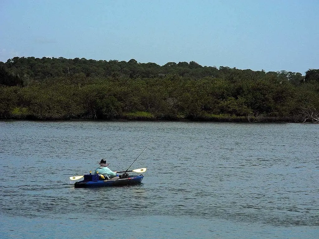 Kayak fishing on Strickland Bay near the mouth of Spruce Creek