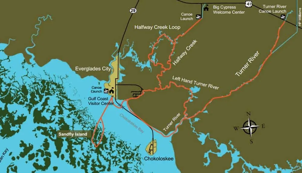 Map of  Everglades kayak trails off Tamiami Trail and Gulf Coast 