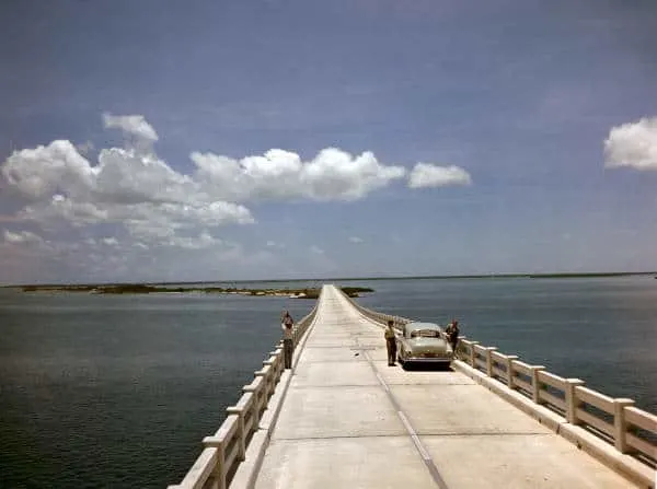 In 1955 or '56, you drove on the top deck of the Bahia Honda Bridge and apparently there was no traffic! Photo by Joseph Janney Steinmetz via Florida Memory Project.