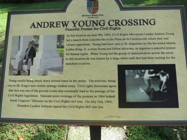 St. Augustine sign marks where Civil Rights leader Andrew Young led a peaceful march