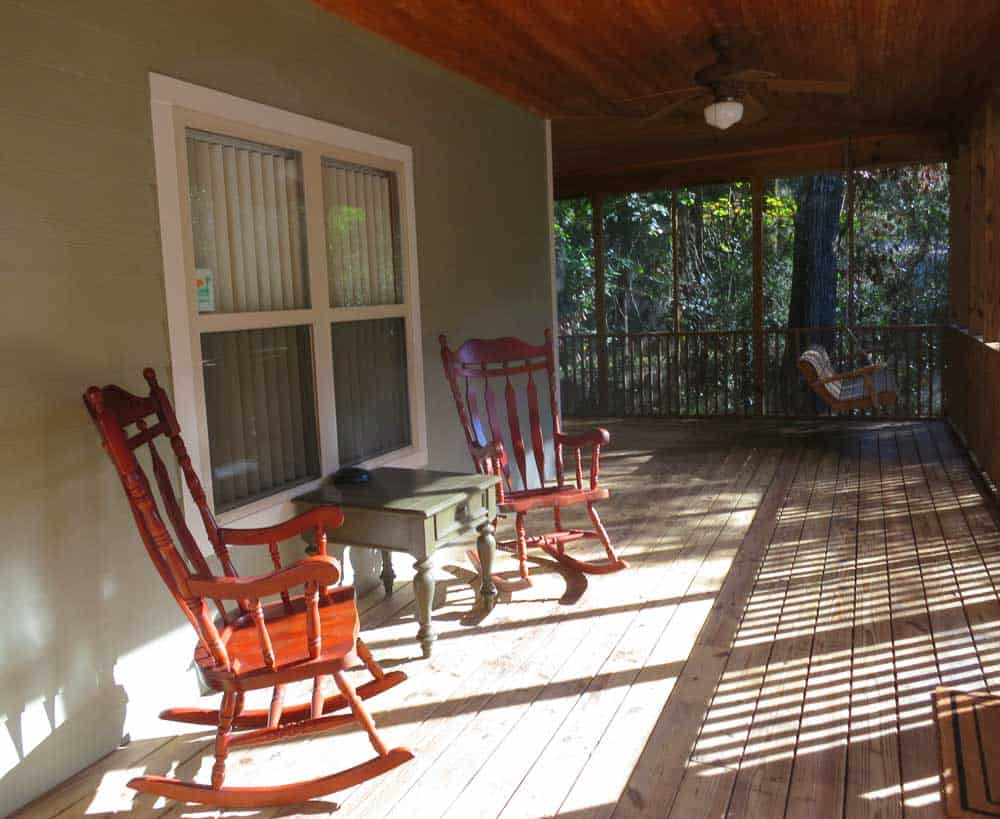 The large and inviting screen porch on the cabins at Fanning Springs State Park on the Suwanee River.