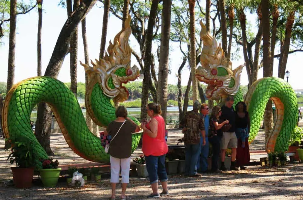 Decorative dragon on the grounds of the Tampa Buddhist Temple, Wat Mongkolratanaram or Wat Tampa. 
