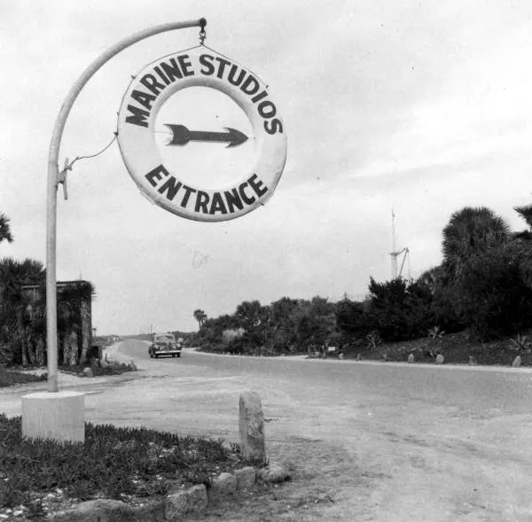 View of the entrance sign to Marine Studios - Marineland, Florida. 1946. State Archives of Florida, Florida Memory. 