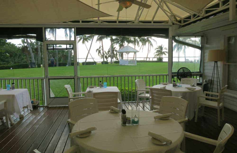The dining area of the Tarpon Lodge overlooking the water on Pine Island.