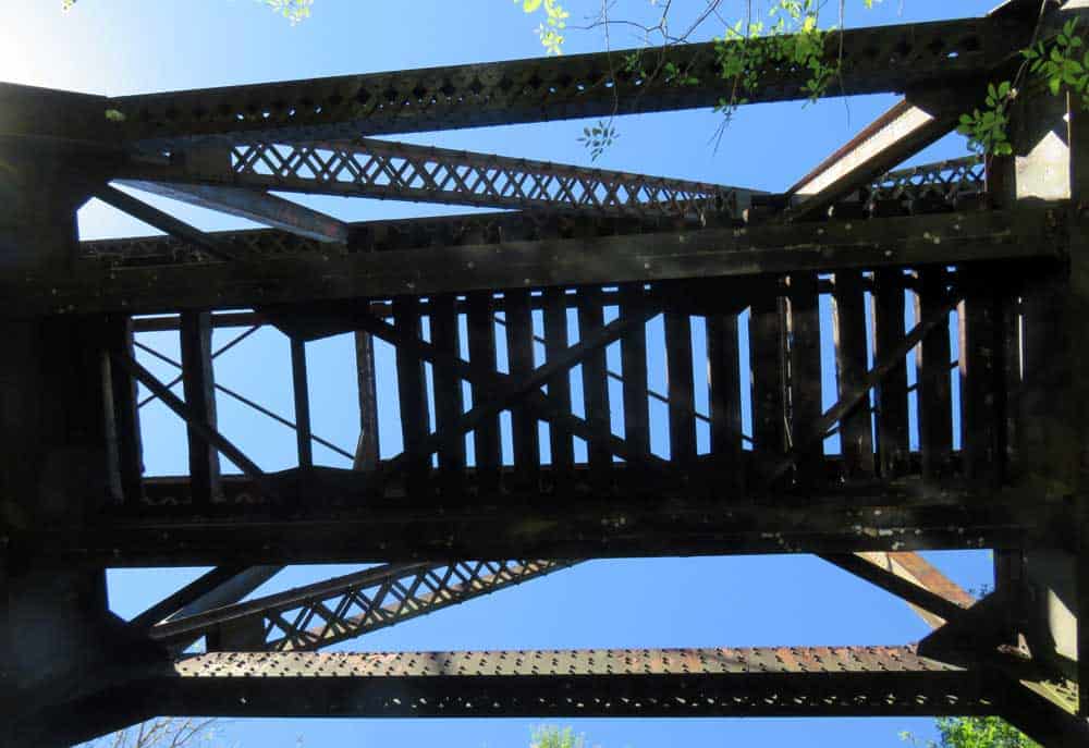 Looking up into the old railroad trestle with a few missing ties near Little Manatee River State Park.