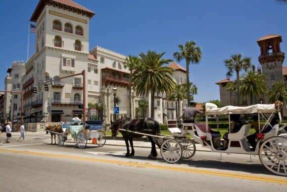 Carriages on King Street with Casa Monica in the background. 