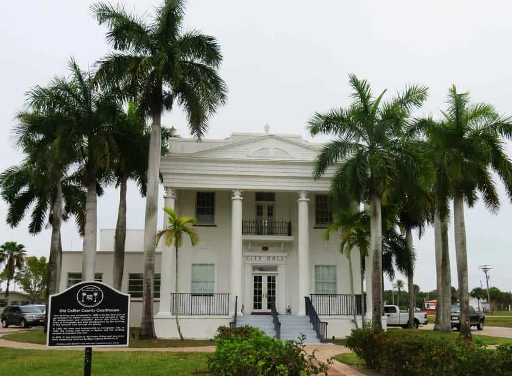 Everglades City was built around a circular road, with the Run and Gun Club one side and this neo-classical city hall (formerly the county building) on another. (Photo: Bonnie Gross)