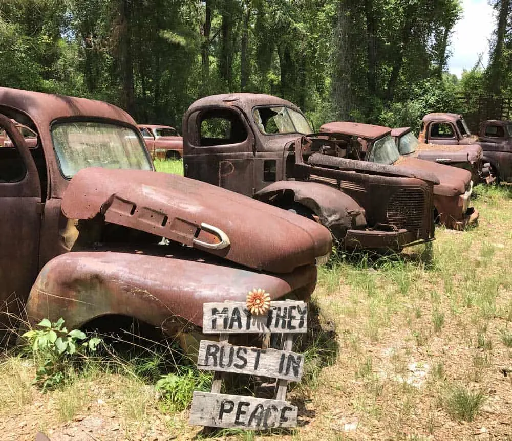 Harvey’s Historic Truck Display is a field of rusting antique cars and trucks that people love to photograph as they explore the Big Bend Scenic Byway  