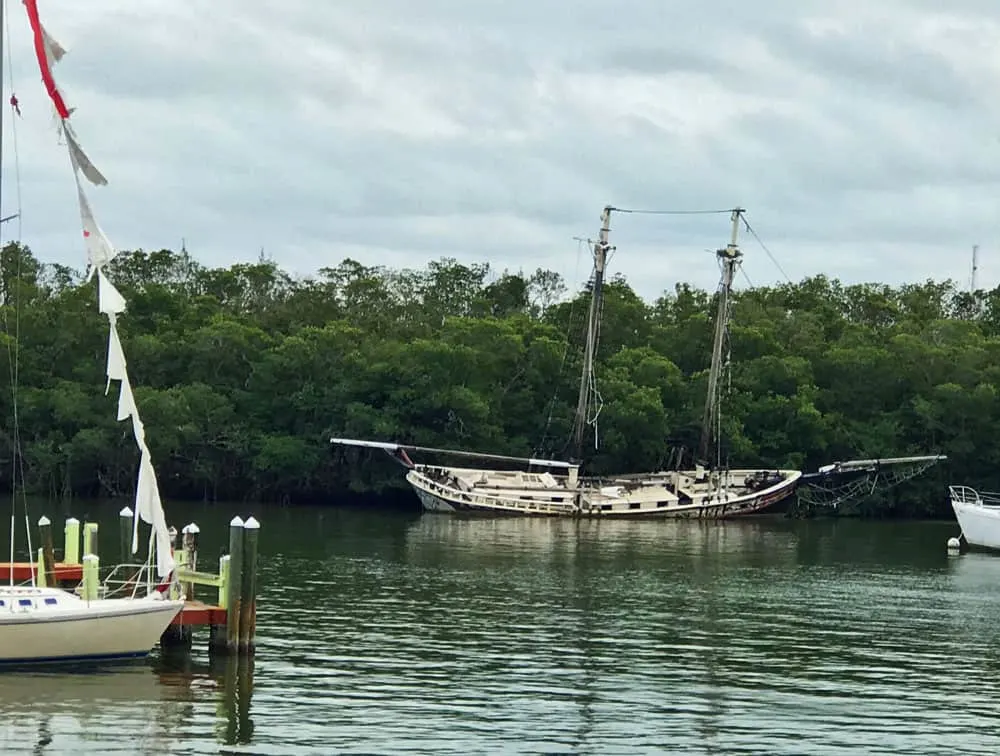 Our view included a picturesque two-masted schooner aground and slightly titled. (It’s the Queen Anne’s Revenge II, a boat intended for sunset cruises that never passed Coast Guard inspection.) 
