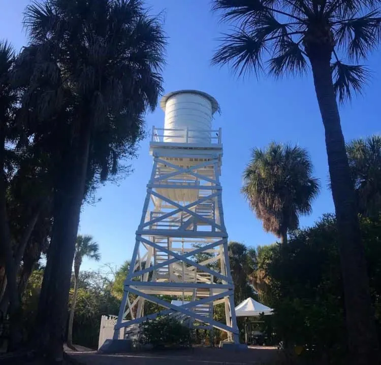 The historic wooden water tower on Cabbage Key still holds the water pumped from a well, the island's only source of water. (Photo by Bonnie Gross)