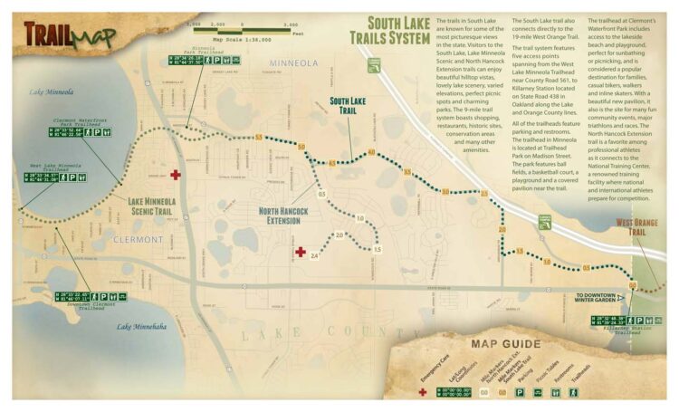 Map of South Lake Trail system, which connects to the West Orange Trail. Combined, these Central Florida trails offer more than 30 miles of paved bike trails.