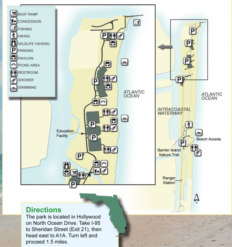 Map of Mizell-Johnson State Park, formerly known as John U. Lloyd State Park, in Dania Beach.