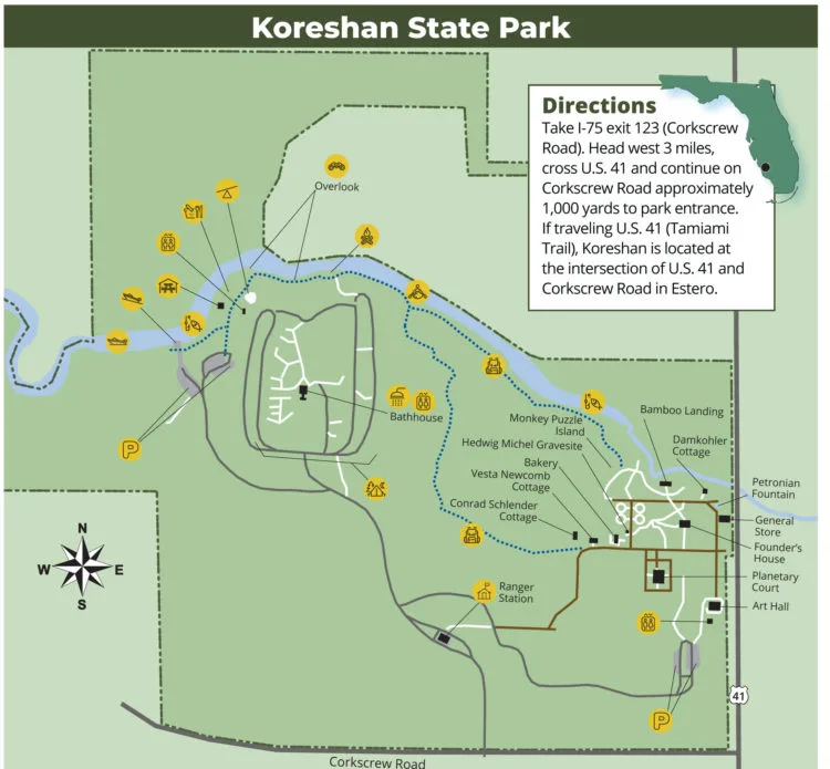 Map of Koreshan State Park in Estero, just north of Naples
