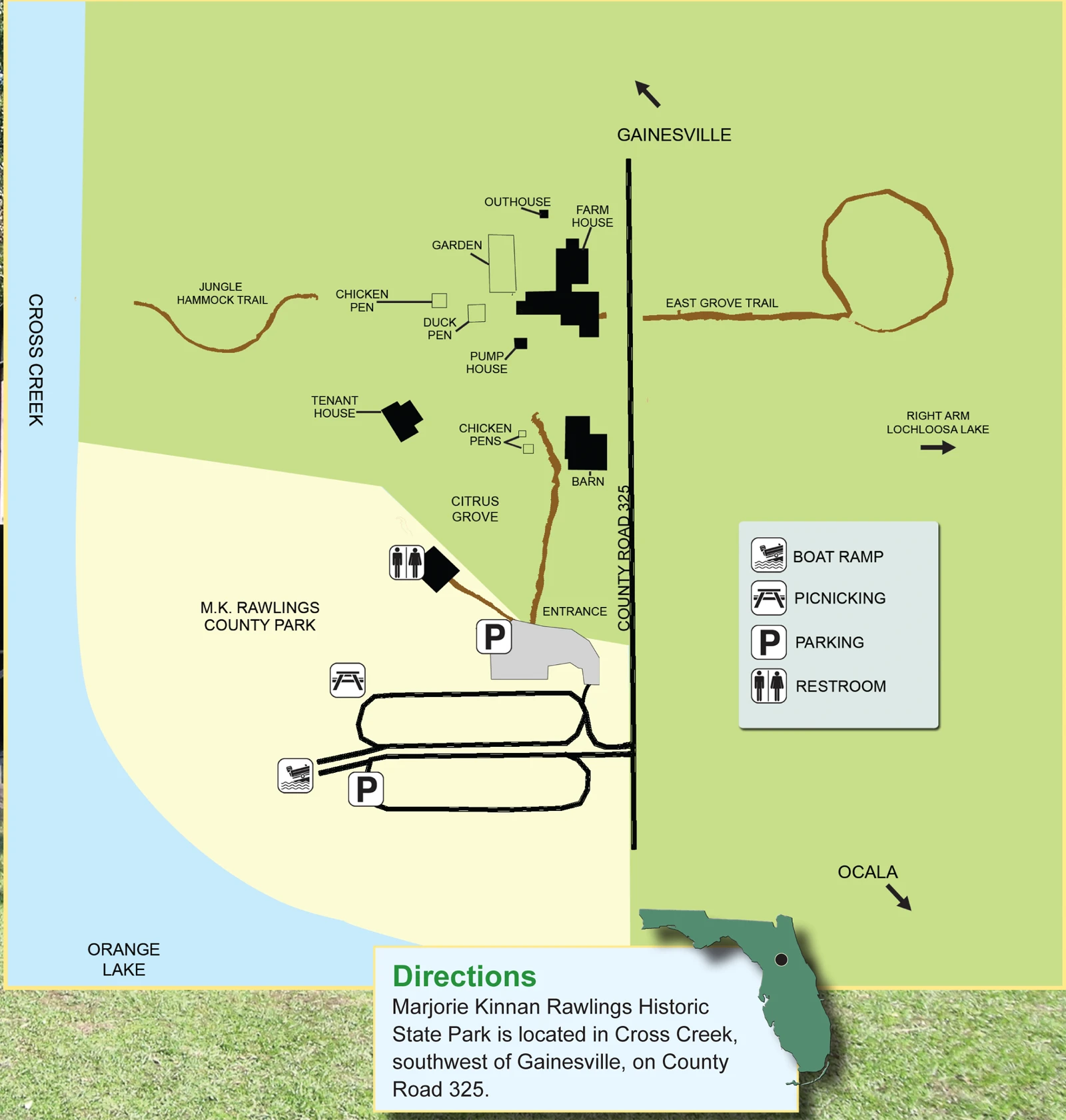 Map of Markorie Kinnan Rawlings State Park in Cross Creek. 