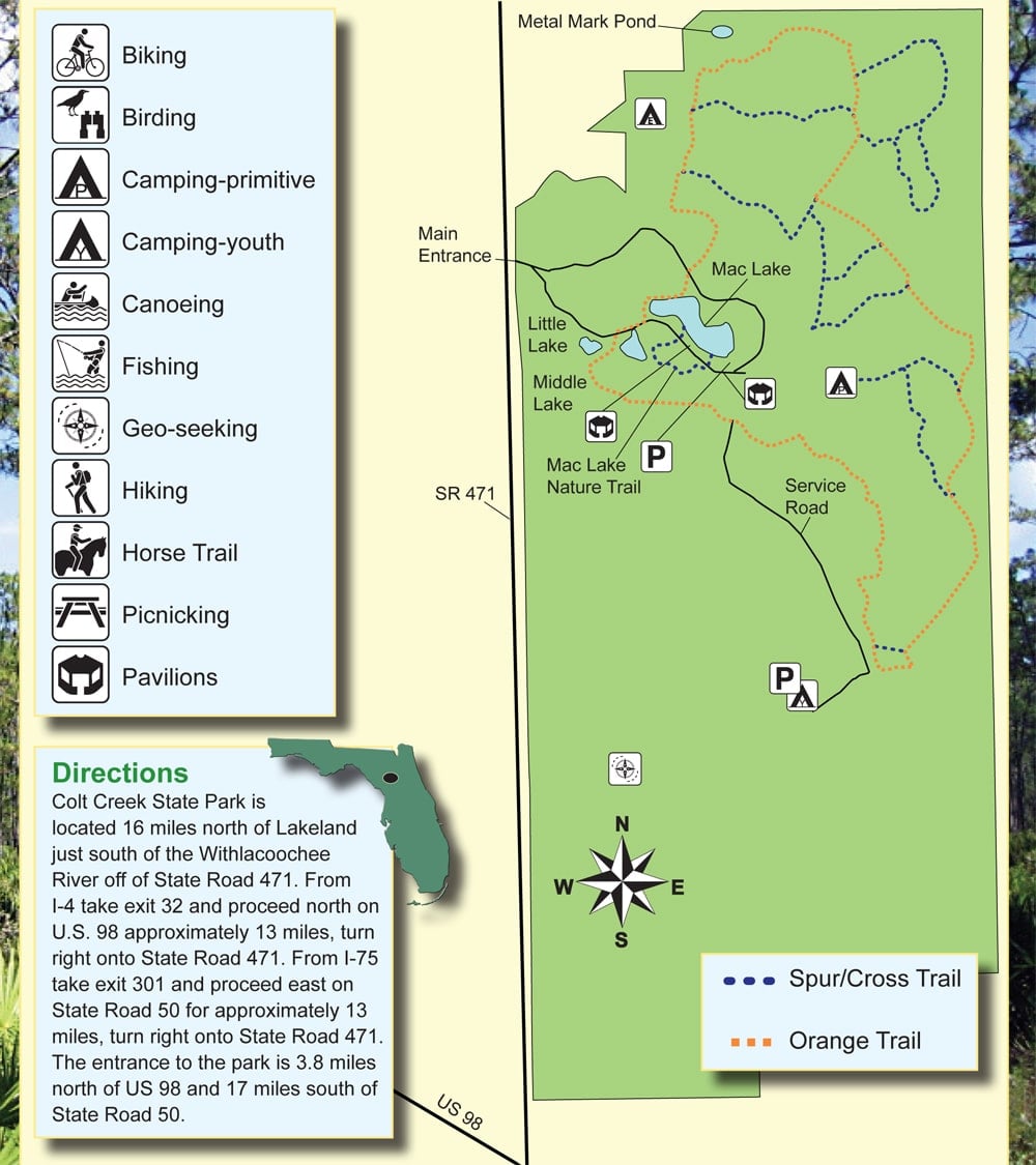 Backcountry camping on trails in Colt Creek State Park. Welcome to the Green Swamp. 4 Map of Colt Creek State Park