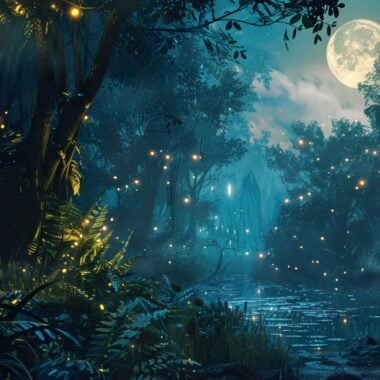 illustration of fireflies in forest