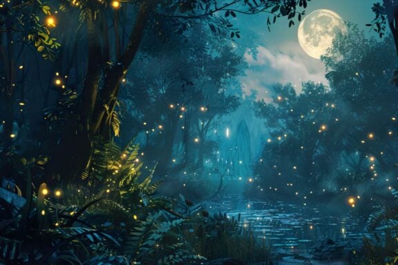 illustration of fireflies in forest