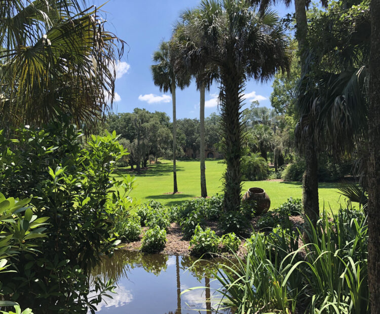 Don’t miss the sweeping lawn on the backside of El Retiro. It flows downhill to this landscaped pond. If you visit the pond, you may be surprised at how long a climb it is to return to the house in the distance. (Photo: Deborah Hartz-Seeley)