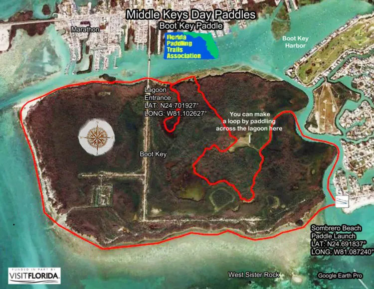 Boot Key kayak trail map from Florida Paddling Trail Association.  The route described in this account makes a loop by connecting the trail across the lagoon at the center. 