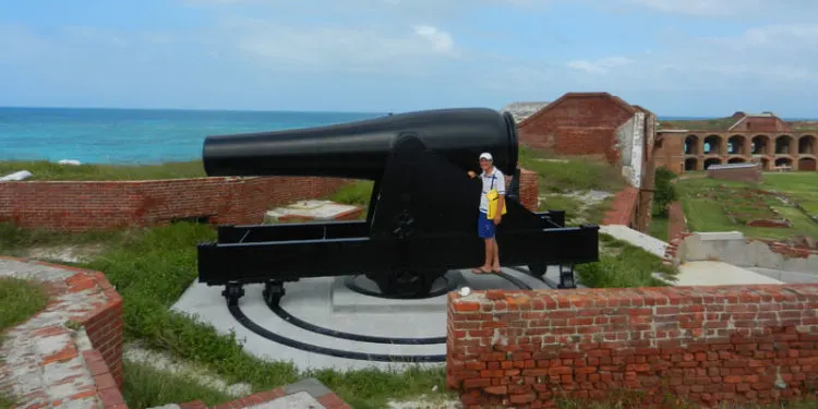 People look tiny next to a 15-inch Rodman Civil War cannon, mounted on the top of Fort Jefferson at Dry Tortugas National Park. It could shoot three miles in any direction. Of the 320 produced, Fort Jefferson has six. (Photo: Bonnie Gross)