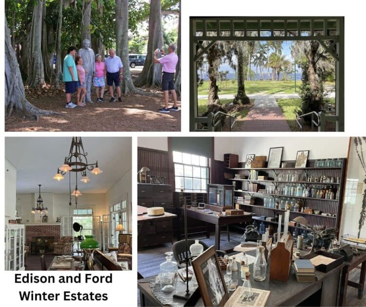 Fort Myers is worth a visit for fun downtown, natural beauty and history 5 Clockwise from top: Everyone loves having a photo with the Edison statue in front of the historic banyan tree; the view from Edison's front porch is stunning; the original electric light fixtures; Edison's office and workroom; the home has the original “electrolier” lighting fixtures from the 1880s, two of which are pictured. (Photos: Bonnie Gross)