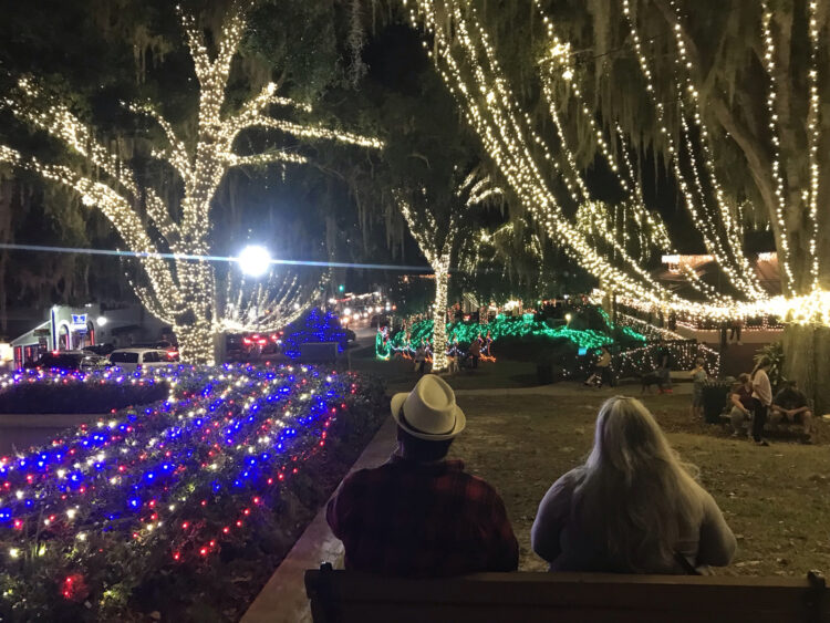 Mount Dora Christmas lights are centered around Donnelly Park, a well-used park in the middle of the downtown entertainment and shopping district. (Photo: Bonnie Gross)