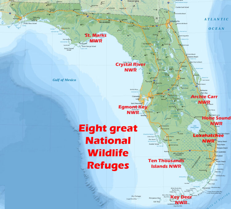 Map of eight great National Wildlife Refuges in Florida