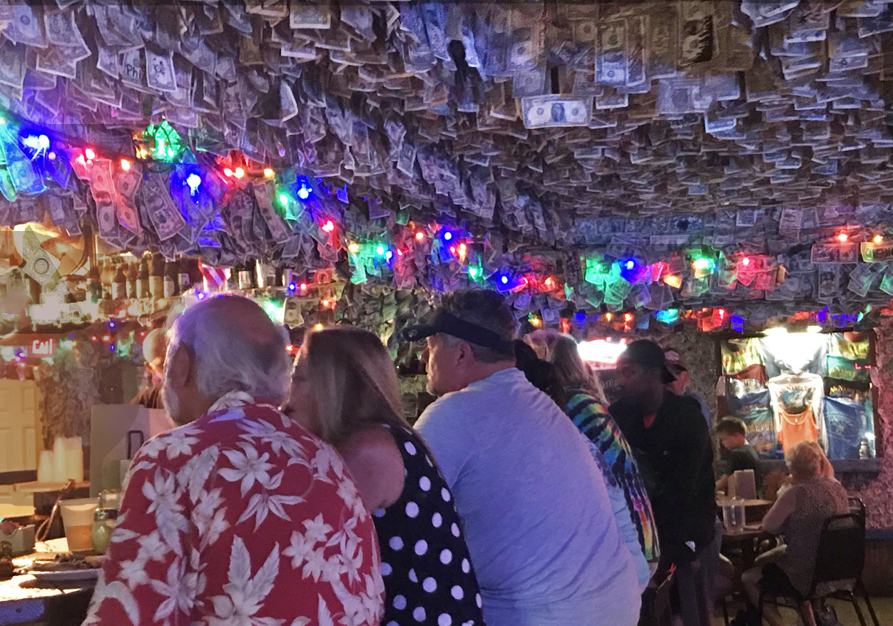 The ceiling flutters with dollar bills at No Name Pub on Big Pine Key. (Photo: Bonnie Gross)