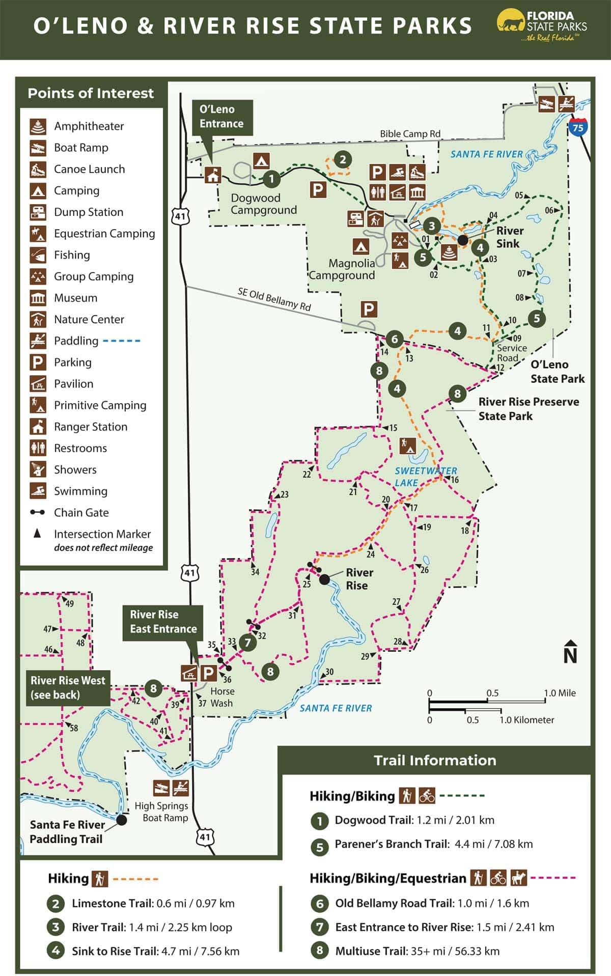 O'Leno State Park: Vanishing river, scenic trails & spacious, wooded campground 13 Map of O'Leno and River Rise State Parks
