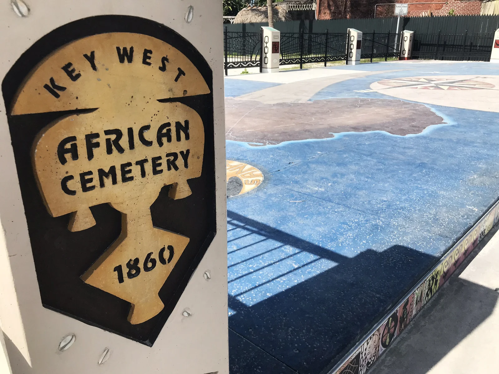 Key West African cemetery: At Higgs Beach in Key West, a memorial marks the site where African slaves were buried after they were rescued from slave ships in 1860. The blue surface in the background is a map of Africa and America, showing the passageway ships sailed. (Photo: Bonnie Gross)