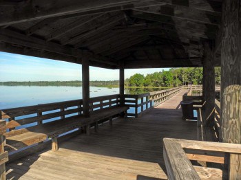 Fishing pier on the nature boardwalk at Lake Ashby Park.