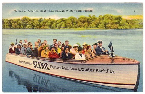 Vintage postcard of Winter Park boat tour.