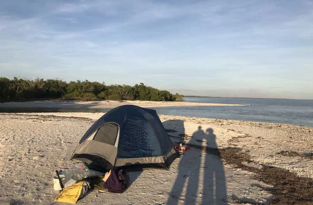 East Cape Sable: As shadows grew long, we finished setting camp on a sandy beach after our 11-mile canoe paddle from Flamingo. (Photo: Bonnie Gross)