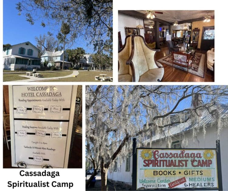 Unsung heritage corridor: Springs, history, scenic byway in Central Florida 8 Pictured clockwise from left: a historic street in Cassadage, the vintage lobby of the Cassadaga Hotel, the mediums available for appointments that day at the hotel and the entrance to the historic district of the Cassadaga Spiritualist Camp. (Photos Bonnie Gross and David Blasco)