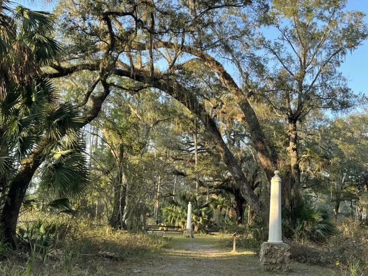 Obelisks mark the exact locations where the officers fell at the Dade Battlefield site. The first bullet killed Army Maj. Francis Langhorne Dade, fired by Chief Micanopy, after whom the Old Florida town is named. (Photo: Bonnie Gross)