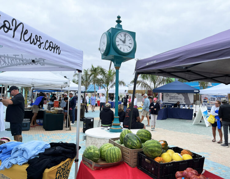 The iconic clock at Times Square in downtown Fort Myers Beach is back and on Fridays, the area around it is lively with a farmers market. (Photo: Bonnie Gross)