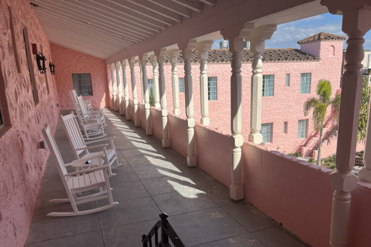 The second story balcony at the Hacienda Hotel in New Port Richey. (Photo: Bonnie Gross)