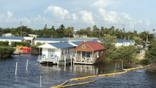 View of Old Wooden Bridge Resort on Big Pine Key from the bridge to No Name Key. You see the two types of houseboats in the foreground -- the new Aqualodges on the left, and the older 
