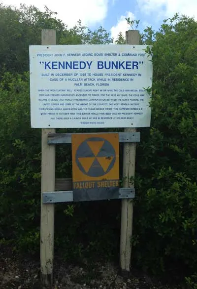 At the entrance to the bunker is a the fallout shelter sign, which will be familiar to Baby Boomers.