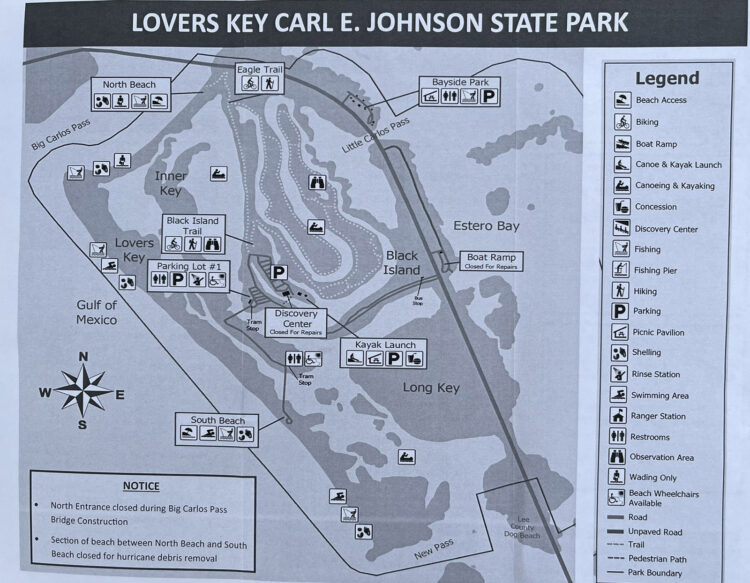 Map of Lovers Key State Park, reflecting changes after Hurricane Ian 