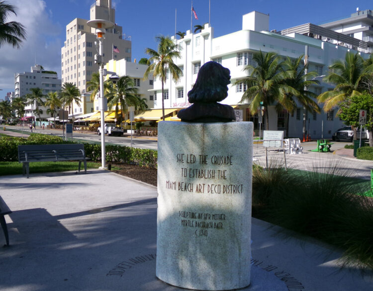 Miami Beach Art Architectural district: A monument to Barbara Baer Capitman "who led the crusade to establish the Miami Beach Art Deco District." Her sculpture is in Lummus Park overlooking the Ocean Drive buildings she saved. (Photo: David Blasco) 