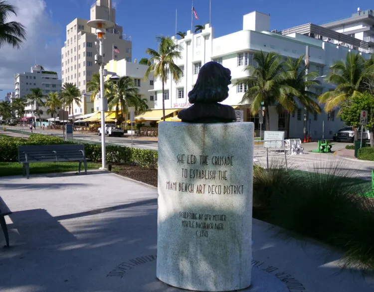 Miami Beach Art Architectural district: A monument to Barbara Baer Capitman "who led the crusade to establish the Miami Beach Art Deco District." Her sculpture is in Lummus Park overlooking the Ocean Drive buildings she saved. (Photo: David Blasco) 