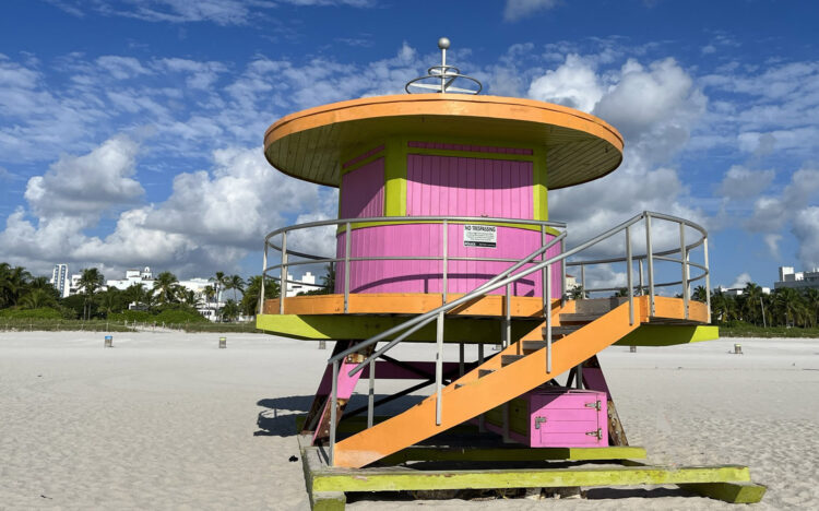 The Miami Beach lifeguard stands have become icons for the Art Deco District. The original group were designed in 1992 by architect William Lane and each is different, designed to complement the district's architecture. (Photo: Bonnie Gross)