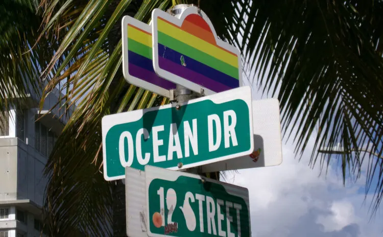 The intersection of Ocean Drive and 12th Street is striped in rainbow colors celebrating the LGBTQ+ community, which has always been a major presence in the Miami Beach Art Deco District. (Photo: David Blasco)