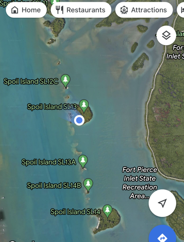 ayaking the Indian River Lagoon to Spoil Island SL 13, about a mile north of the North Causeway in Fort Pierce. Here we are, in screenshot from my phone.