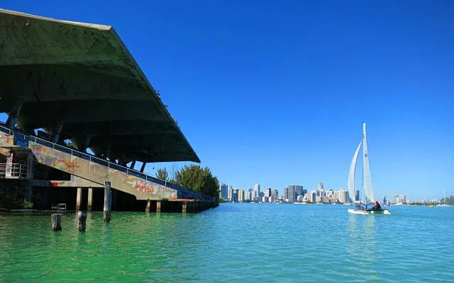 Two highlights of a Virginia Key kayak trip: Close up with the Miami Marine Stadium and Miami's stunning skyline.