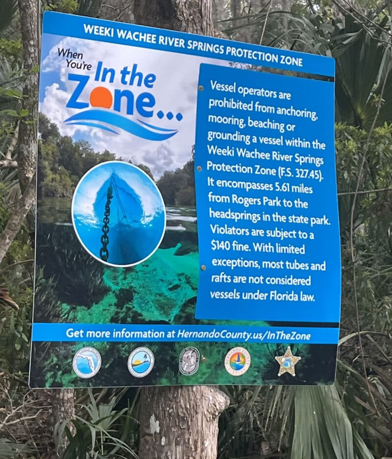 'Springs break:' 3 springs, 3 days; kayaking Florida's sparkling jewels 6 Signs on the Weeki Wachee inform kayakers about the rules of the Springs Protection Zone. (Photo: Bonnie Gross)